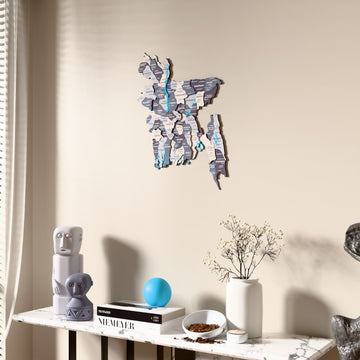 Nimbus Bangladesh wooden wall map beside a sheer curtain, angled view