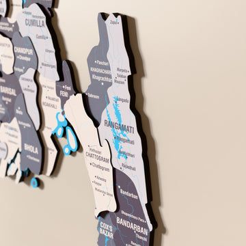 Close-up of the Nimbus Bangladesh wooden wall map with layered regions and printed names