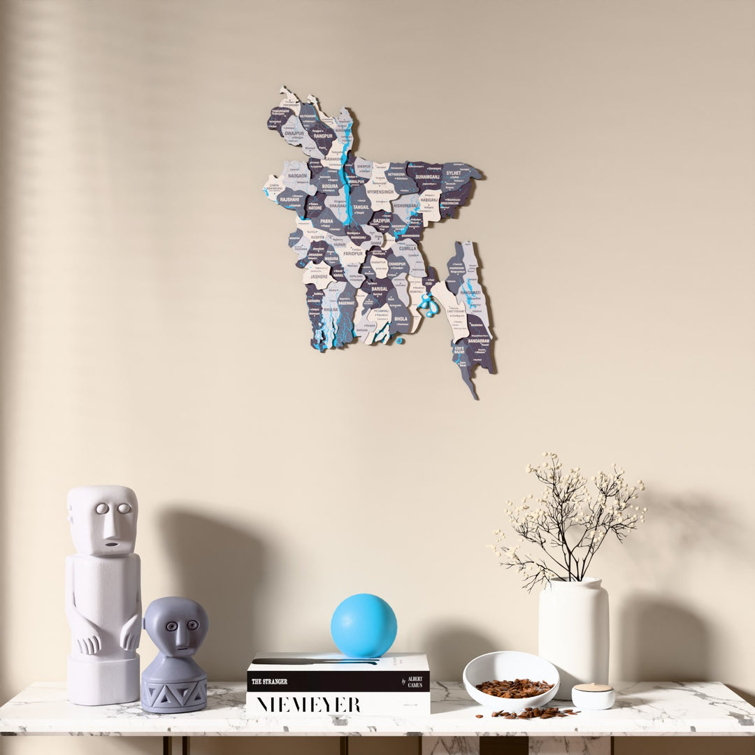 Nimbus Bangladesh wooden wall map above a marble console, front view