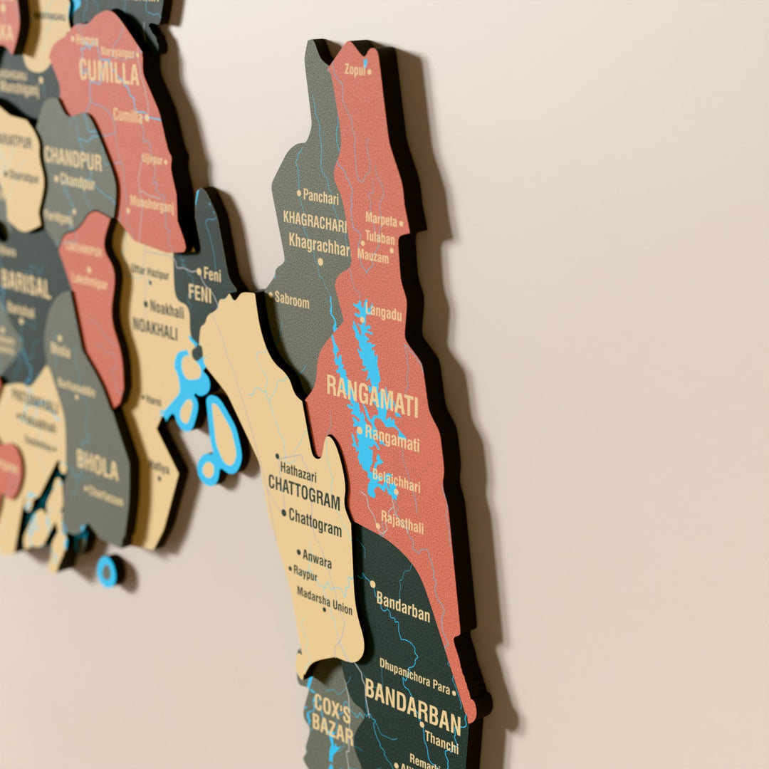 Close-up of the Sage Bangladesh wooden wall map with layered regions and printed names
