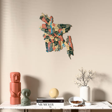 Sage Bangladesh wooden wall map above a marble console, front view