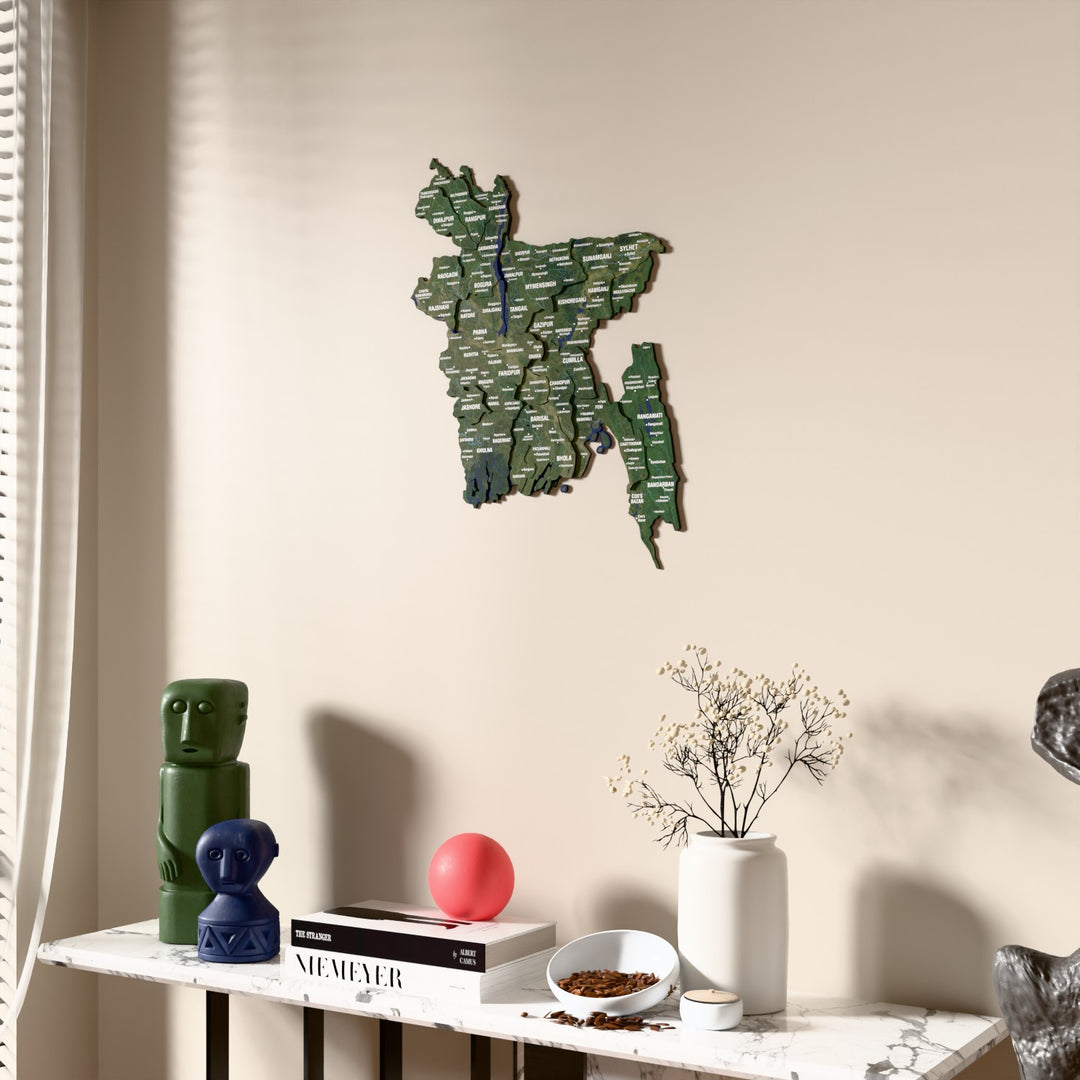 Satellite Bangladesh wooden wall map beside a sheer curtain, angled view