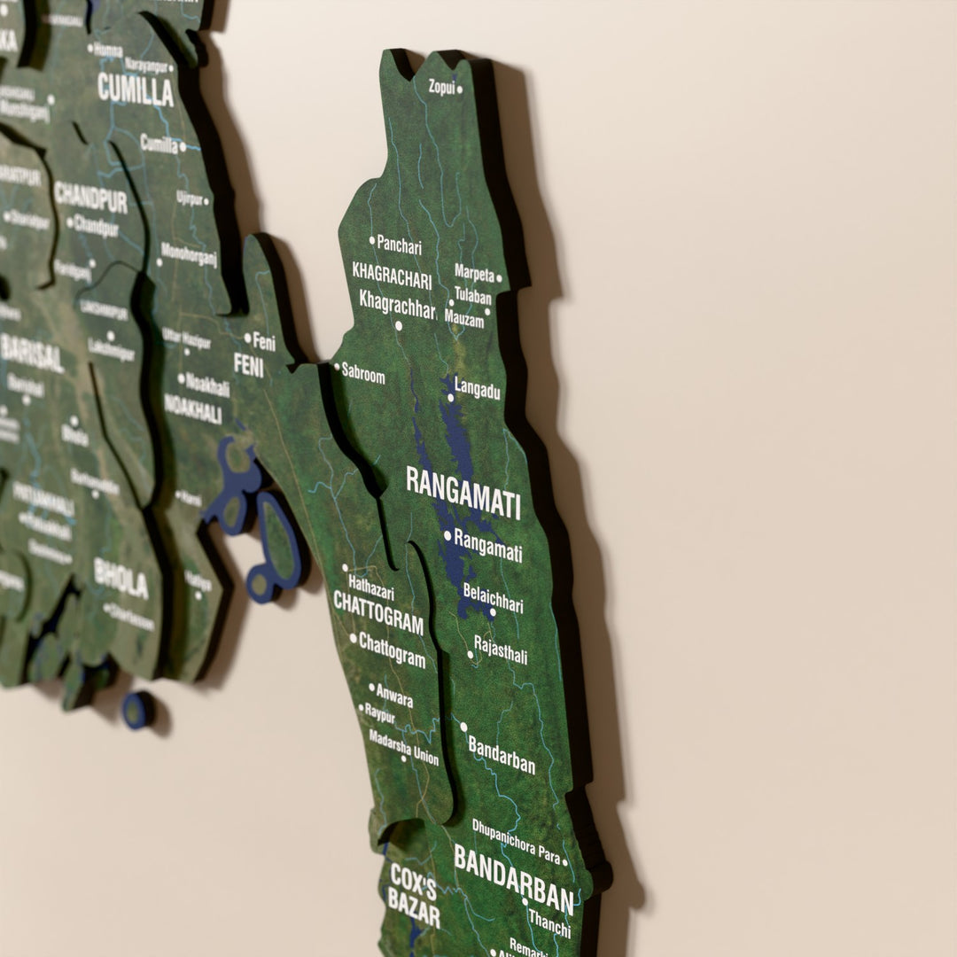 Close-up of the Satellite Bangladesh wooden wall map with layered regions and printed names