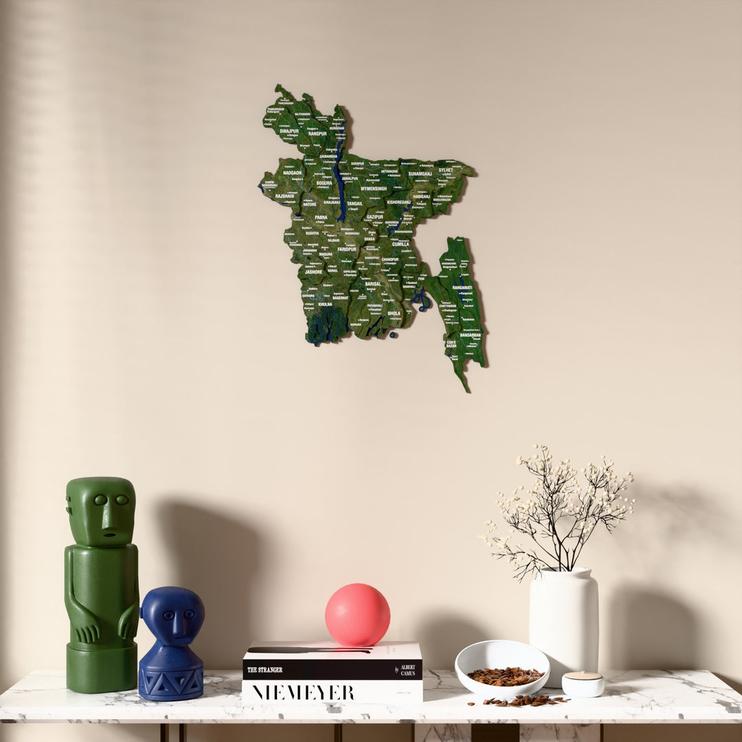 Satellite Bangladesh wooden wall map above a marble console, front view