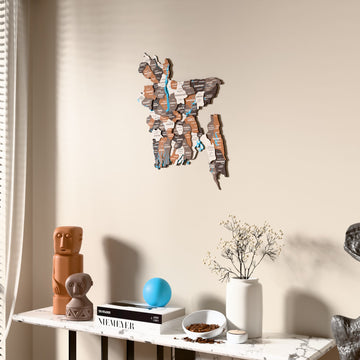 Soil Bangladesh wooden wall map beside a sheer curtain, angled view