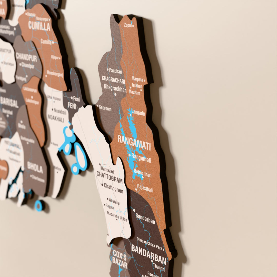 Close-up of the Soil Bangladesh wooden wall map with layered regions and printed names