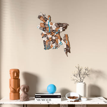 Soil Bangladesh wooden wall map above a marble console, front view