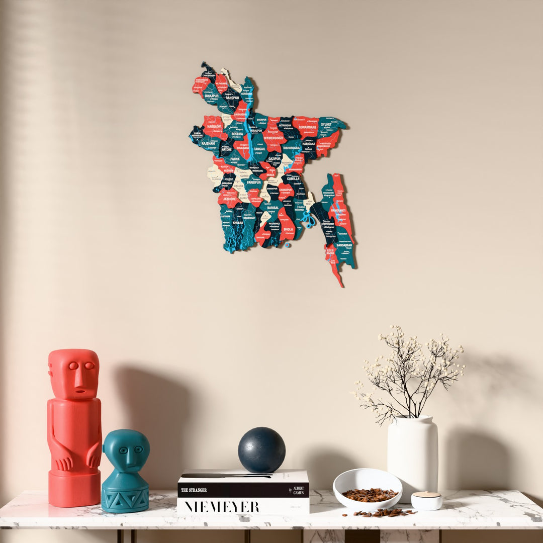 Flag colored Bangladesh wooden wall map above a marble console, front view