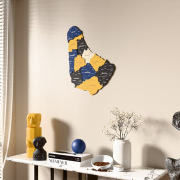 Flag colored Barbados wooden wall map beside a sheer curtain, angled view