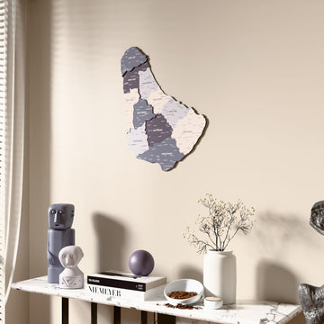 Nimbus Barbados wooden wall map beside a sheer curtain, angled view