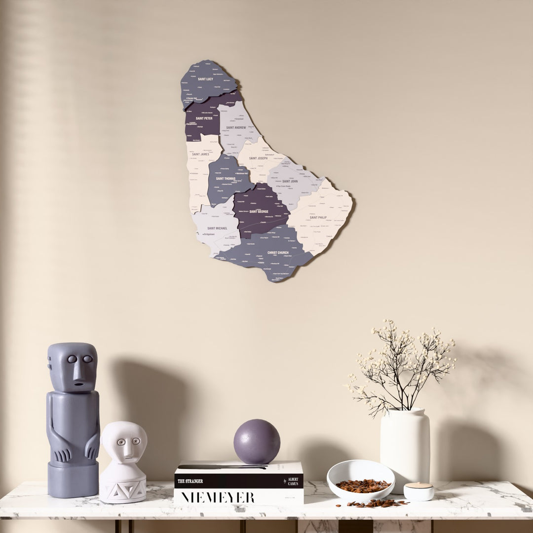 Nimbus Barbados wooden wall map above a marble console, front view