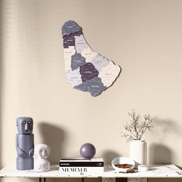 Nimbus Barbados wooden wall map above a marble console, front view