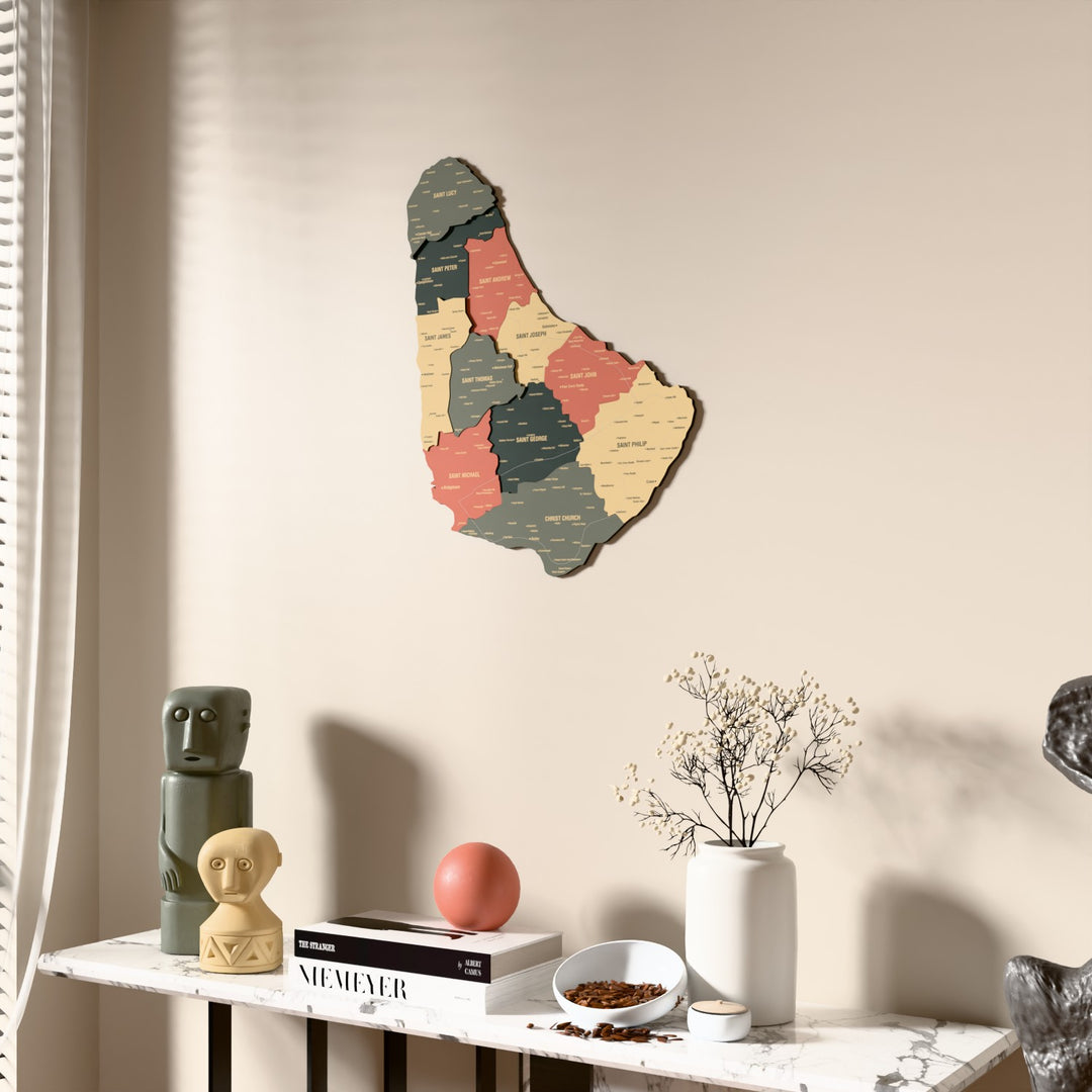 Sage Barbados wooden wall map beside a sheer curtain, angled view