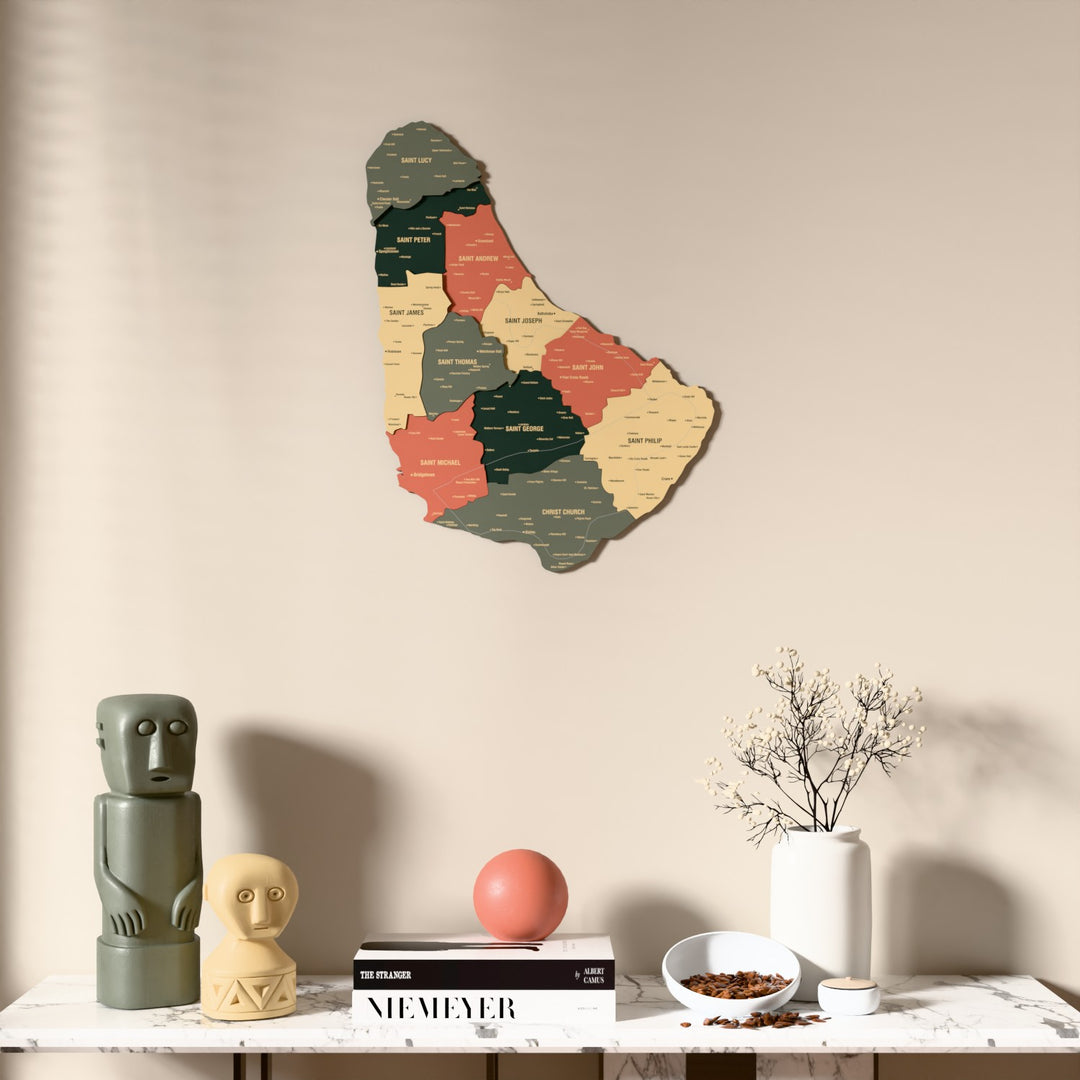 Sage Barbados wooden wall map above a marble console, front view