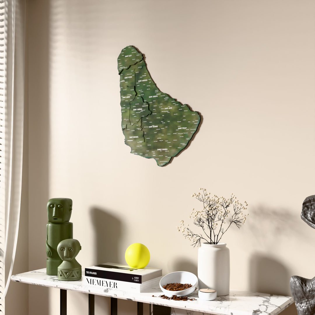 Satellite Barbados wooden wall map beside a sheer curtain, angled view