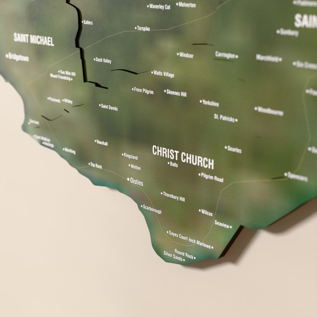 Close-up of the Satellite Barbados wooden wall map with layered regions and printed names