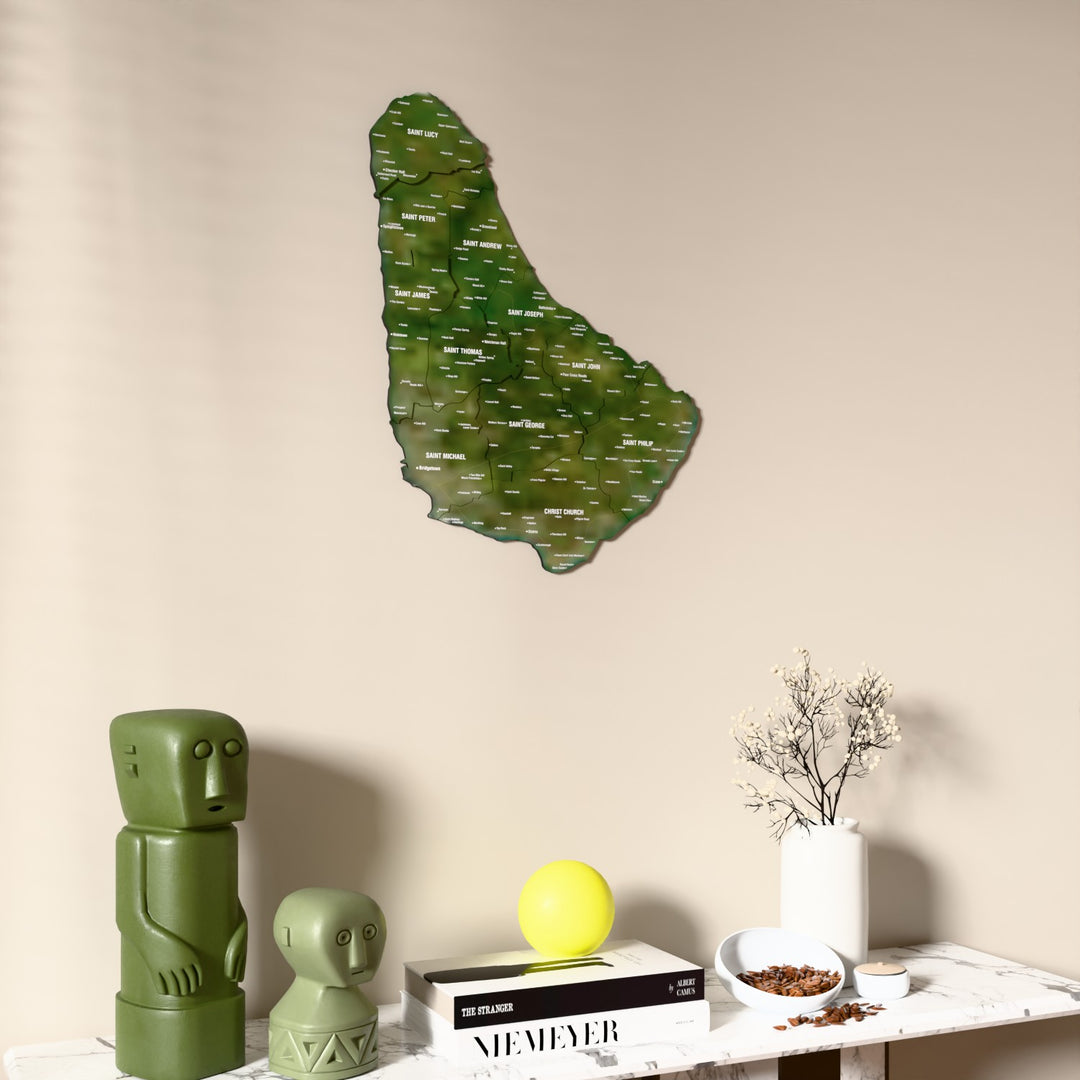 Satellite Barbados wooden wall map on a beige wall above a console with figurines