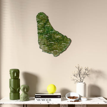 Satellite Barbados wooden wall map above a marble console, front view