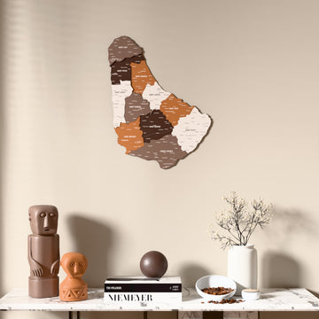 Soil Barbados wooden wall map above a marble console, front view