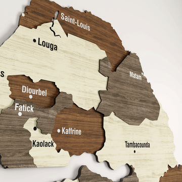 Large close-up of the Senegal wooden map showing Louga, Diourbel, Fatick, Kaolack and Kaffrine panels