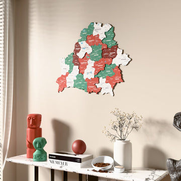 Flag colored Belarus wooden wall map beside a sheer curtain, angled view