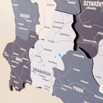 Close-up of the Nimbus Belarus wooden wall map with layered regions and printed names