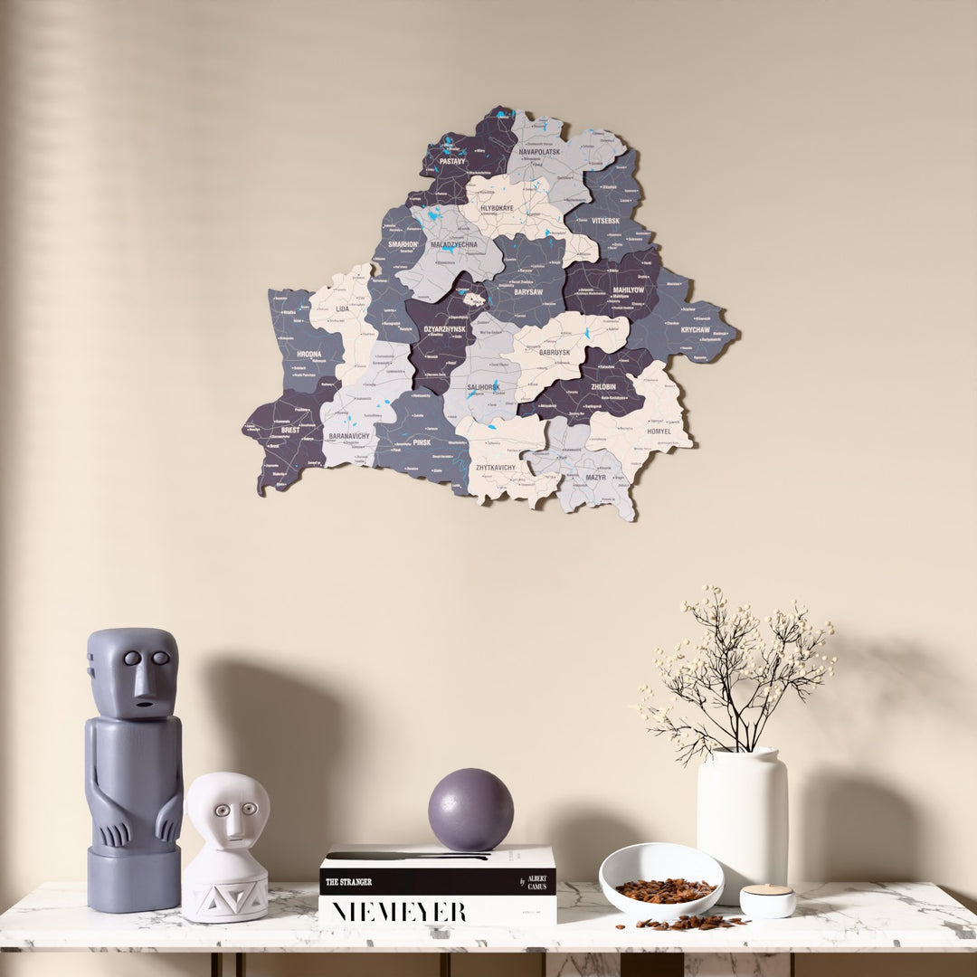 Nimbus Belarus wooden wall map above a marble console, front view