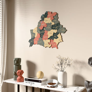 Sage Belarus wooden wall map beside a sheer curtain, angled view
