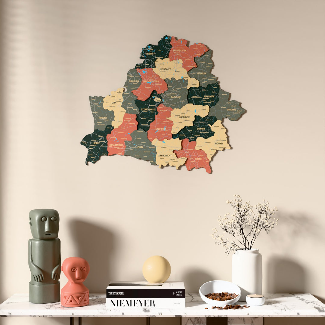 Sage Belarus wooden wall map above a marble console, front view