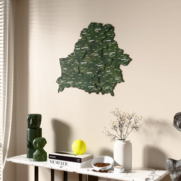 Satellite Belarus wooden wall map beside a sheer curtain, angled view