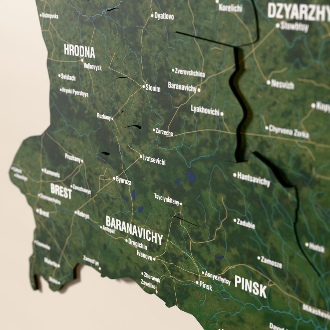 Close-up of the Satellite Belarus wooden wall map with layered regions and printed names