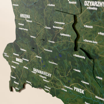 Close-up of the Satellite Belarus wooden wall map with layered regions and printed names
