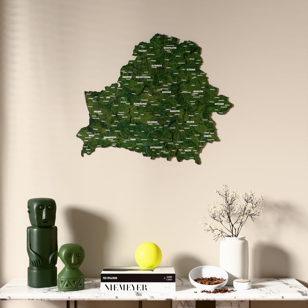 Satellite Belarus wooden wall map above a marble console, front view