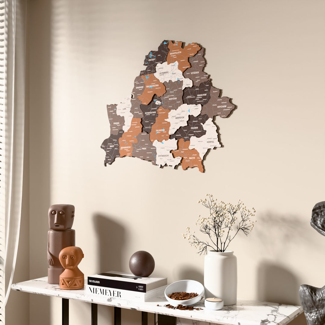 Soil Belarus wooden wall map beside a sheer curtain, angled view
