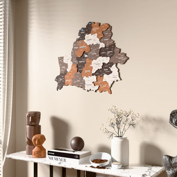 Soil Belarus wooden wall map beside a sheer curtain, angled view