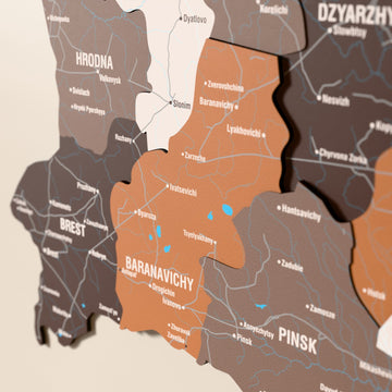 Close-up of the Soil Belarus wooden wall map with layered regions and printed names