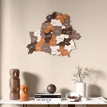 Soil Belarus wooden wall map above a marble console, front view