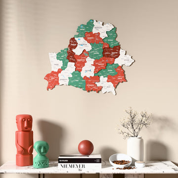 Flag colored Belarus wooden wall map above a marble console, front view