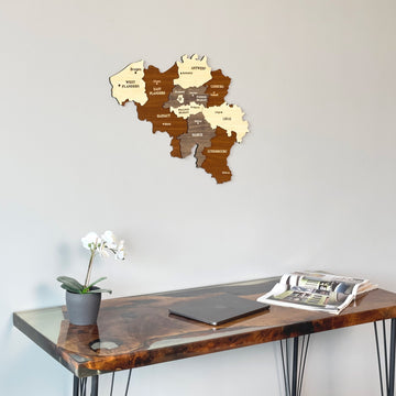 Belgium wooden wall map small view above the corner of a desk