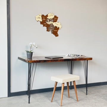 Belgium wooden wall map wide view over a hairpin-leg desk