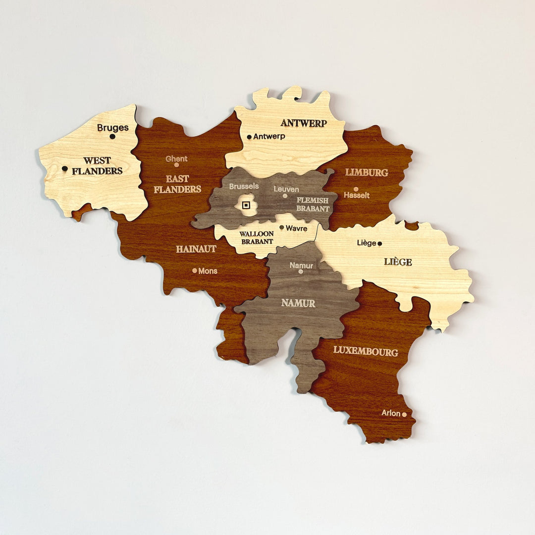3D wooden Belgium map with province names in cream, brown and gray-brown wood, showing Bruges, Antwerp and Liege