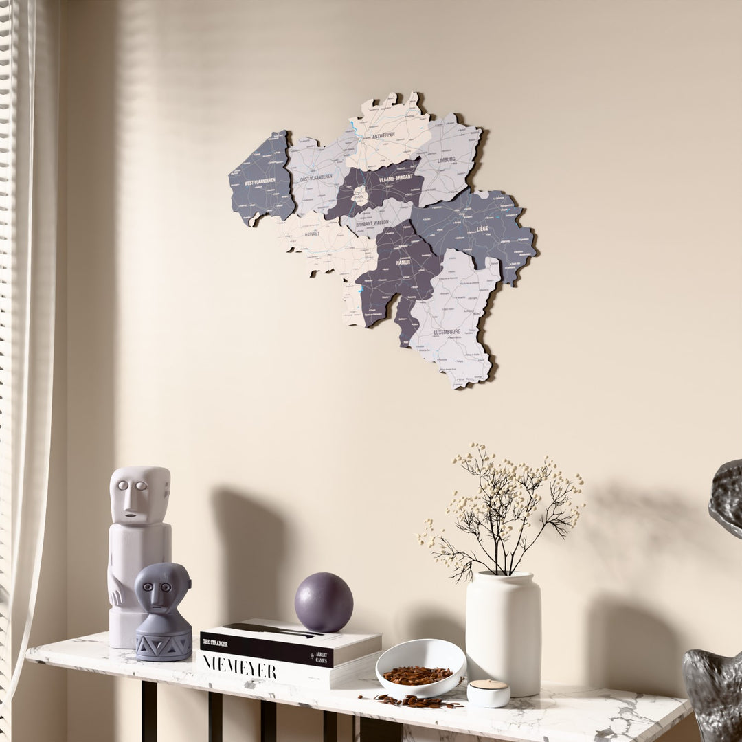 Nimbus Belgium wooden wall map beside a sheer curtain, angled view