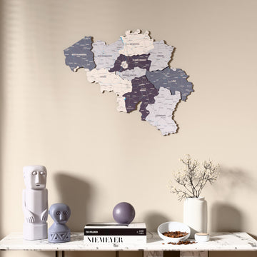 Nimbus Belgium wooden wall map above a marble console, front view