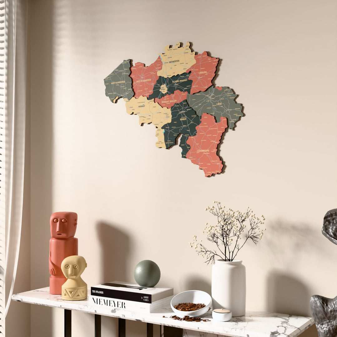 Sage Belgium wooden wall map beside a sheer curtain, angled view