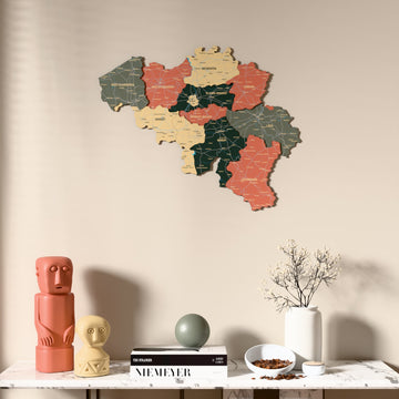 Sage Belgium wooden wall map above a marble console, front view