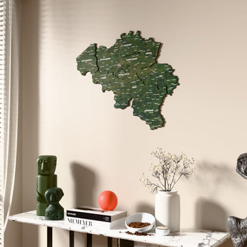 Satellite Belgium wooden wall map beside a sheer curtain, angled view