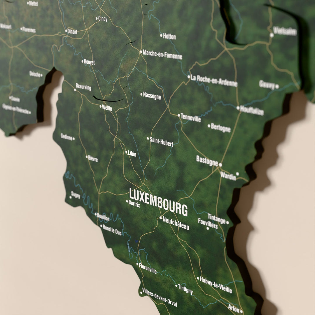 Close-up of the Satellite Belgium wooden wall map with layered regions and printed names