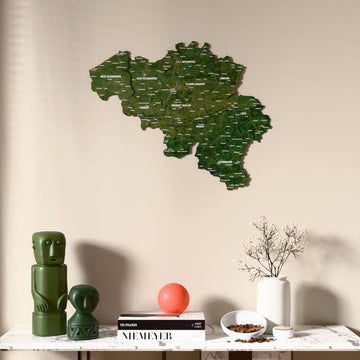 Satellite Belgium wooden wall map above a marble console, front view