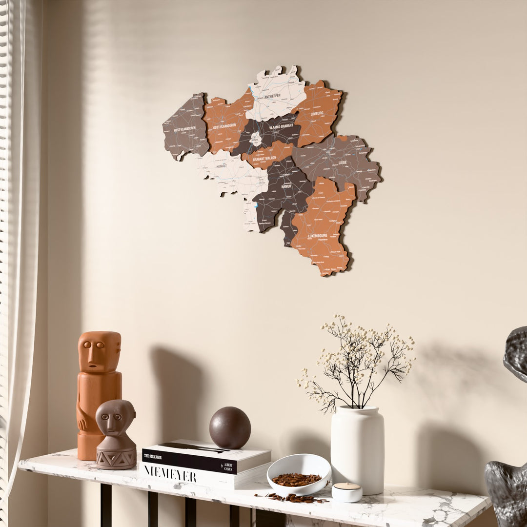 Soil Belgium wooden wall map beside a sheer curtain, angled view