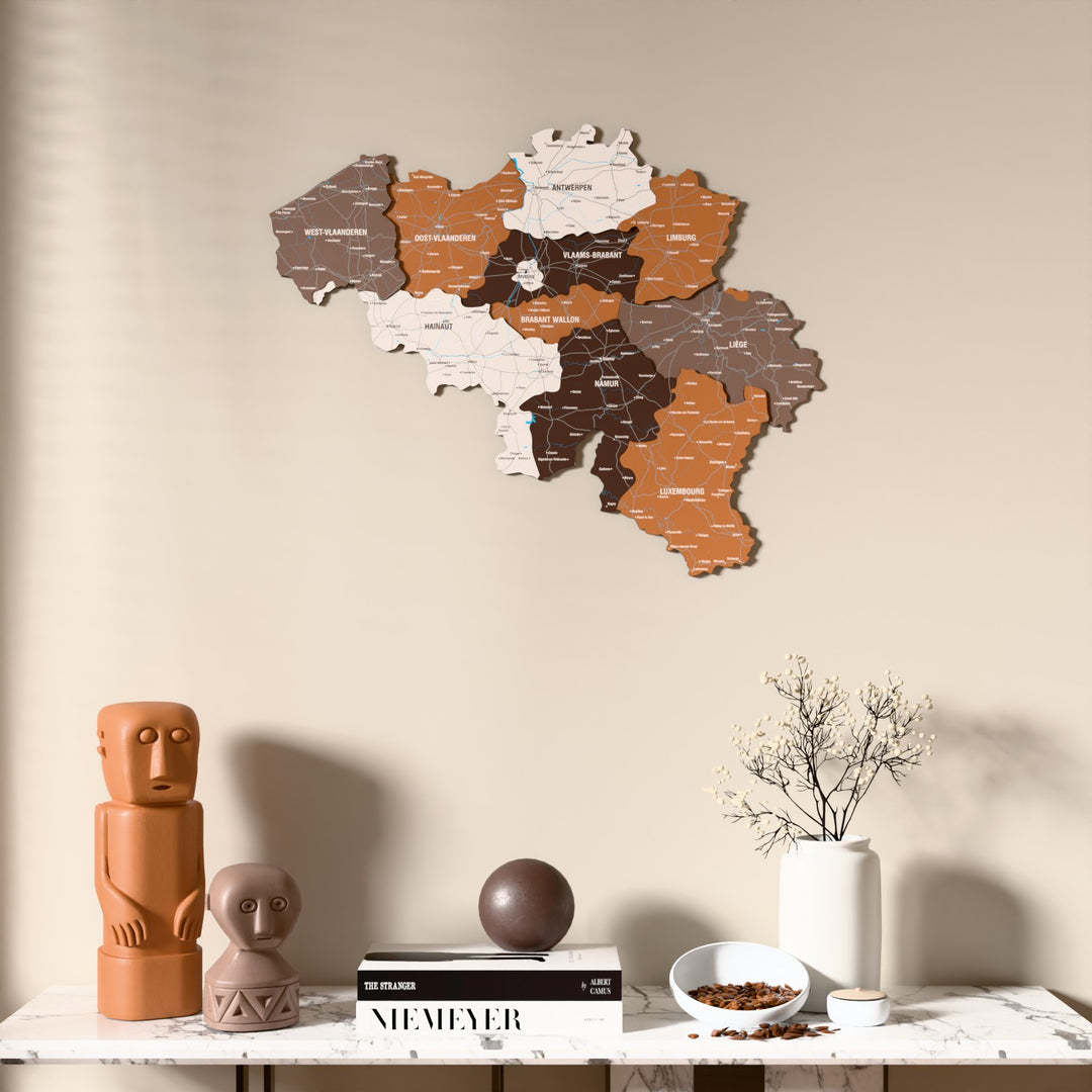 Soil Belgium wooden wall map above a marble console, front view